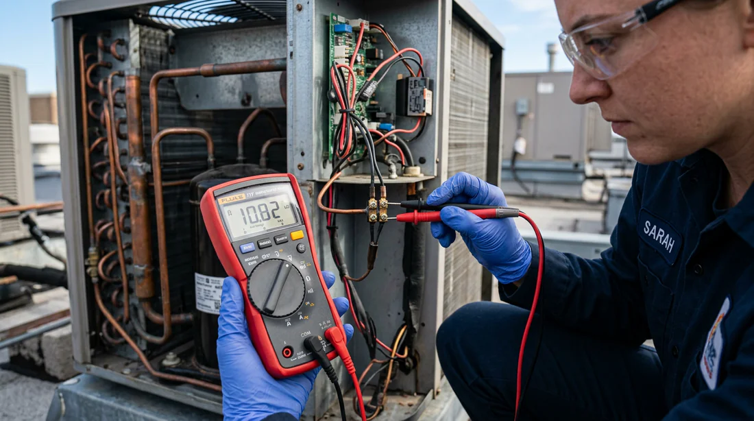 Technicien testant la sonde de température d'un climatiseur à l'aide d'un multimètre