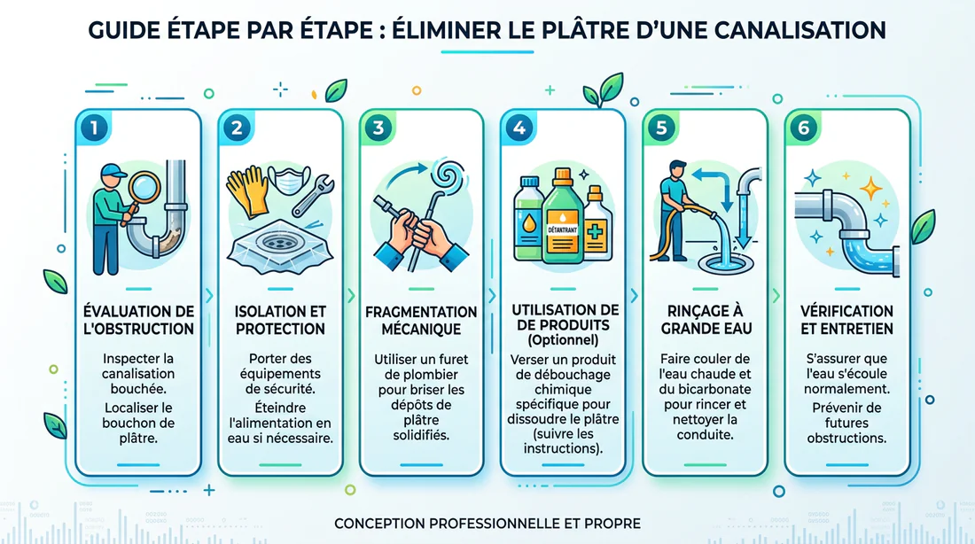 Infographie des étapes pour déboucher un évier rempli de plâtre