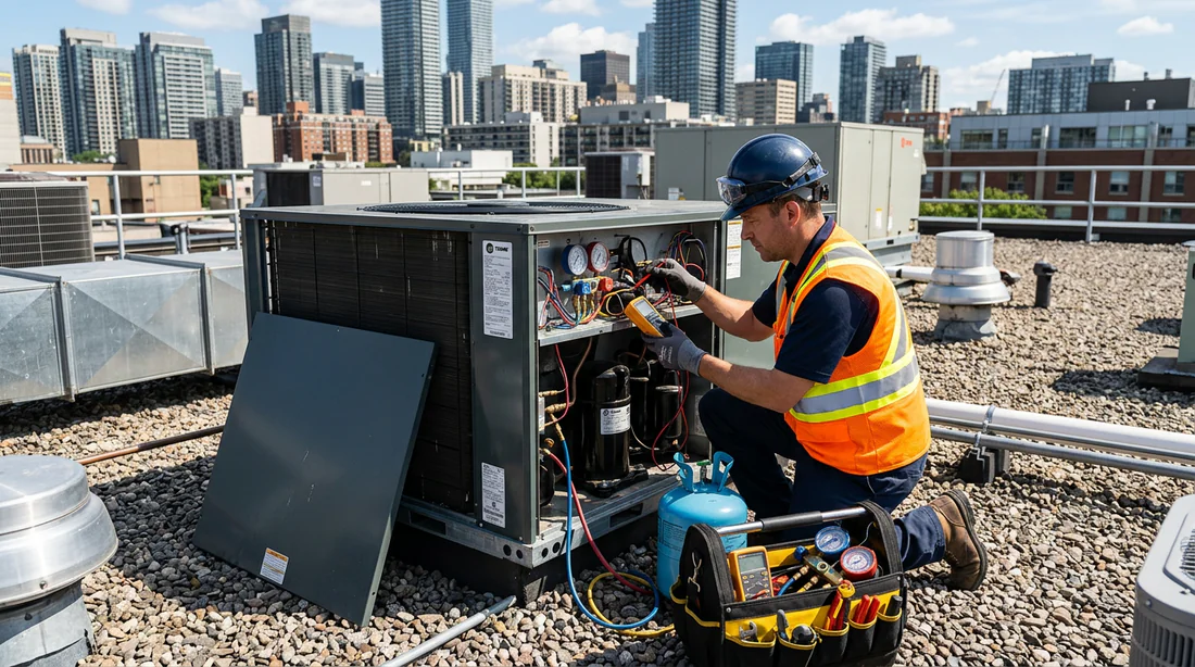 Technicien effectuant la maintenance d'une climatisation installée en toiture