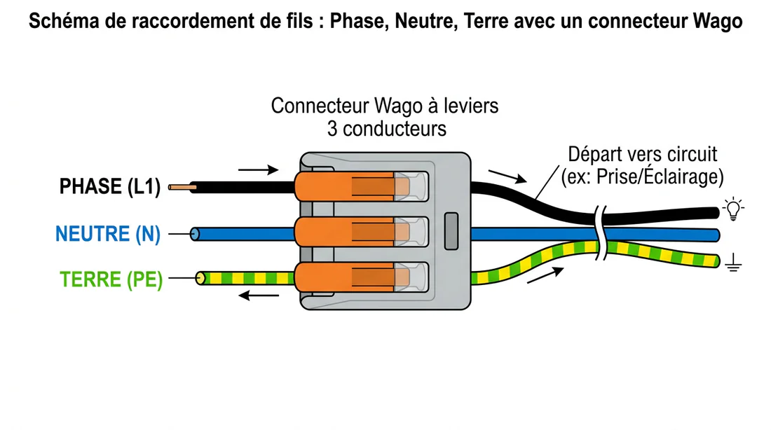Électricien dénudant un fil en cuivre avec une pince à dénuder avant connexion dans un Wago.