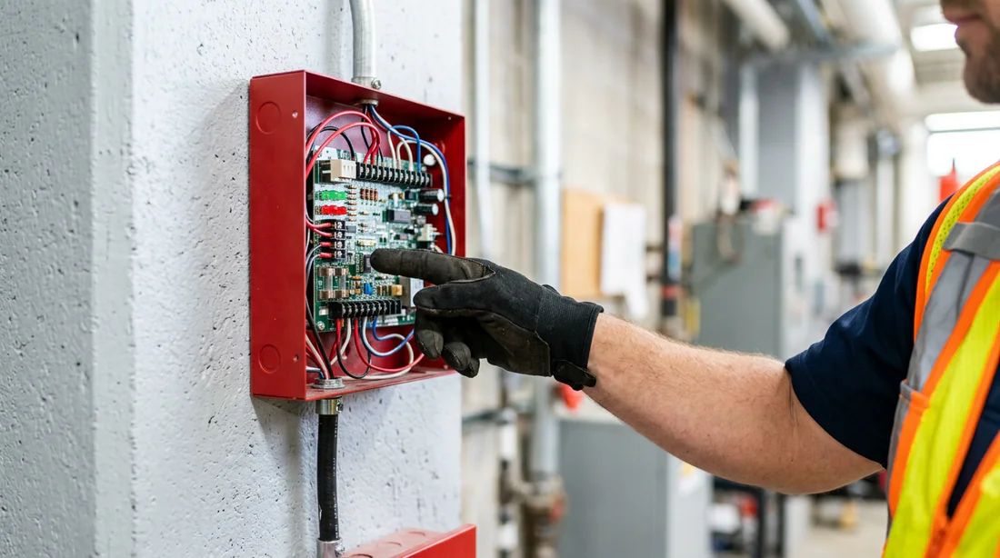 Technicien effectuant la maintenance d'un équipement de sécurité incendie
