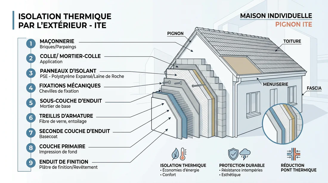 Schéma explicatif des couches d'isolation thermique par l'extérieur du pignon