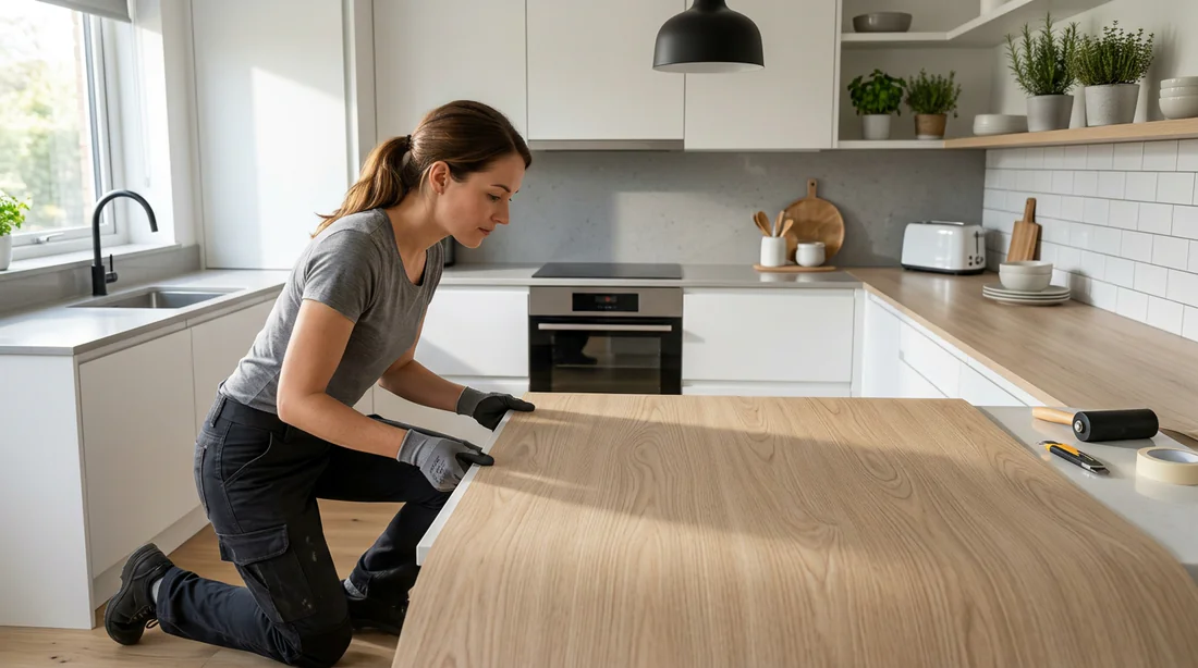 Pose d'un revêtement stratifié imitation bois de chêne clair sur un plan de travail de cuisine rénové.