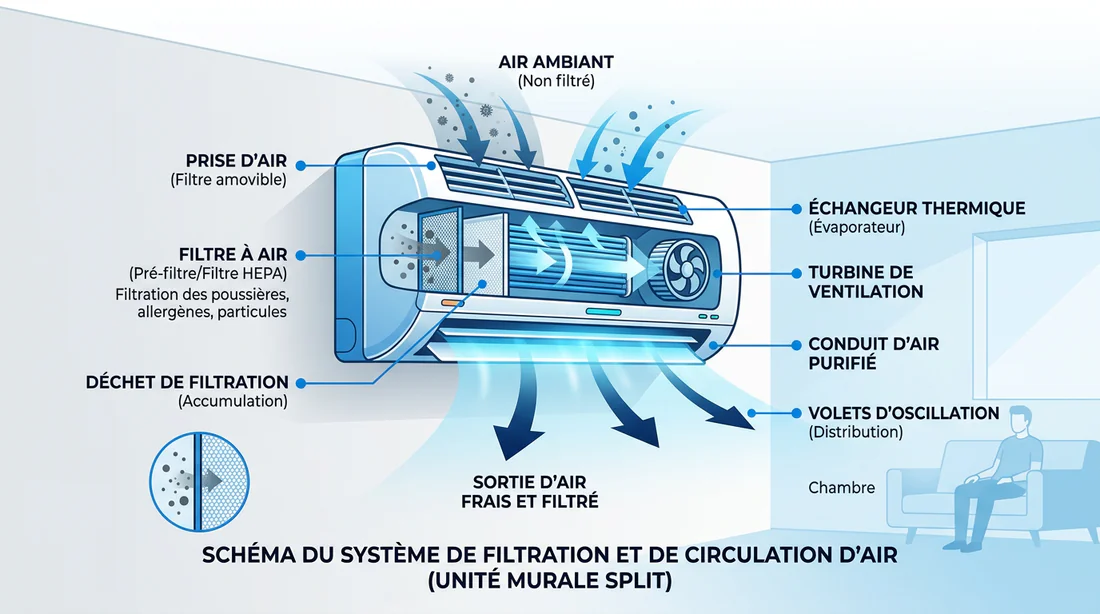 Schéma explicatif du système de filtration de la climatisation Fujitsu Atlantic