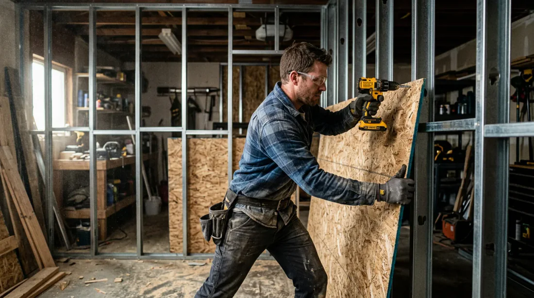 Gros plan sur une main gantée vissant une vis autoperceuse dans un panneau OSB sur montant métallique