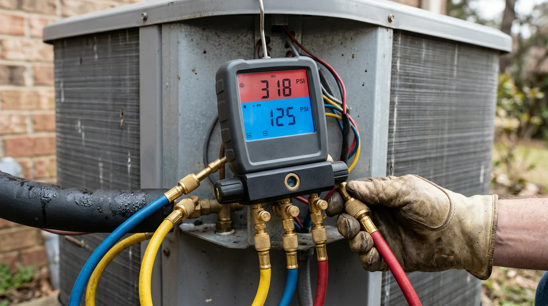 Diagnostic de pression sur une climatisation à l'aide d'un manomètre numérique.