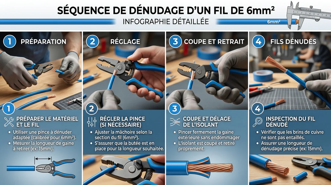 Étapes pour le dénudage et raccordement d'un câble 6mm²