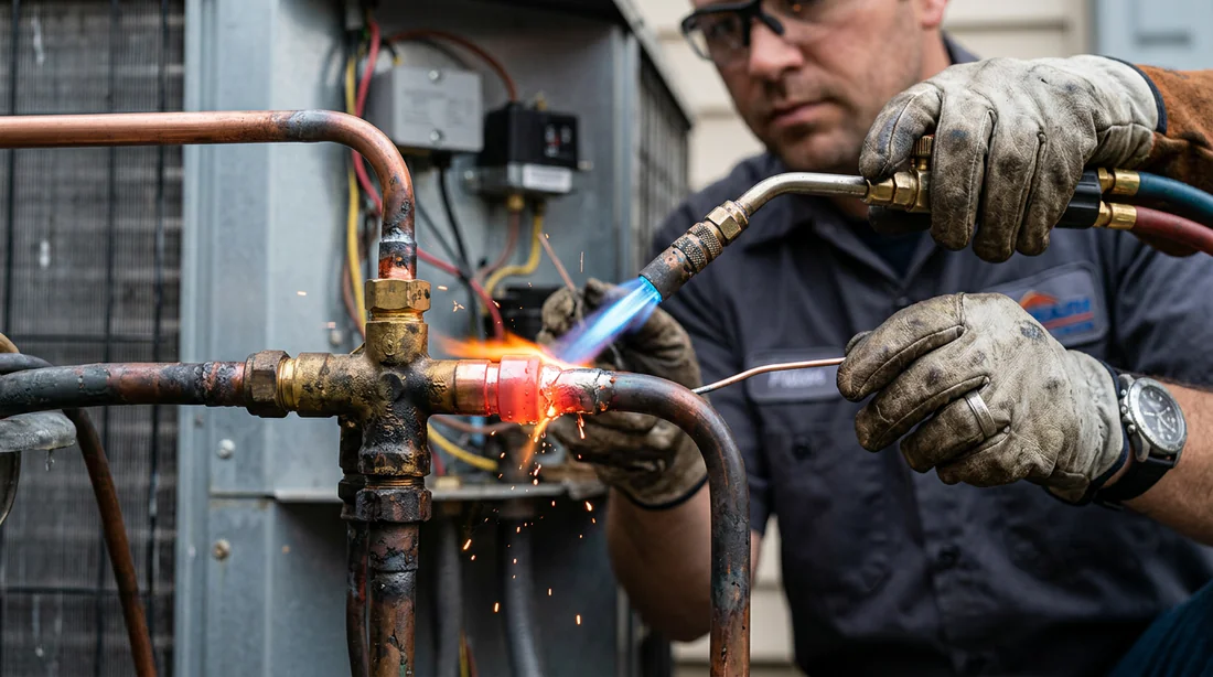 Technicien réalisant le brasage d'une vanne 4 voies en cuivre sur une pompe à chaleur.