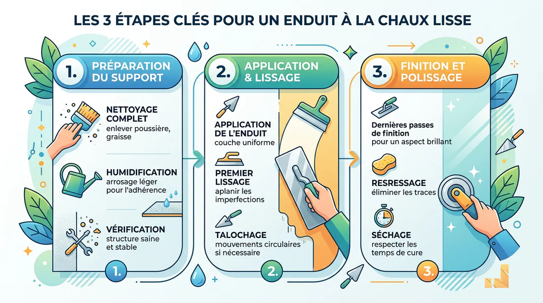 Schéma explicatif des étapes du lissage d'un enduit à la chaux.