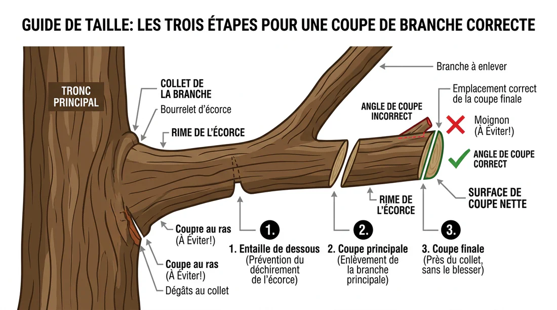 Schéma technique montrant la coupe de taille correcte d'une branche d'arbre