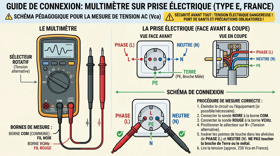 Schéma technique expliquant le branchement des pointes de touche d'un multimètre sur une prise.