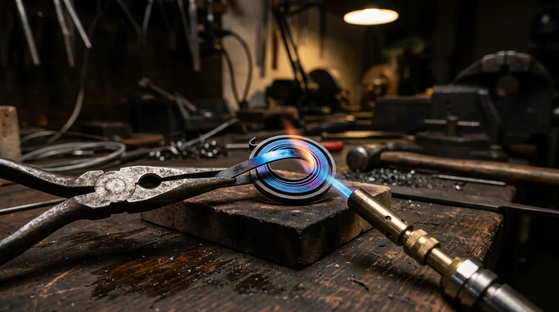 Opération de revenu thermique montrant l'acier du ressort prenant une couleur bleue