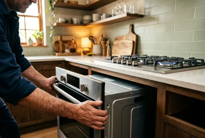 Mains installant un four encastrable dans un meuble de cuisine avec plaque gaz visible