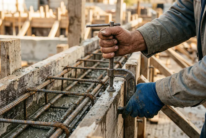 Gros plan sur la fixation d'un coffrage en bois avec fers à béton pour jambage