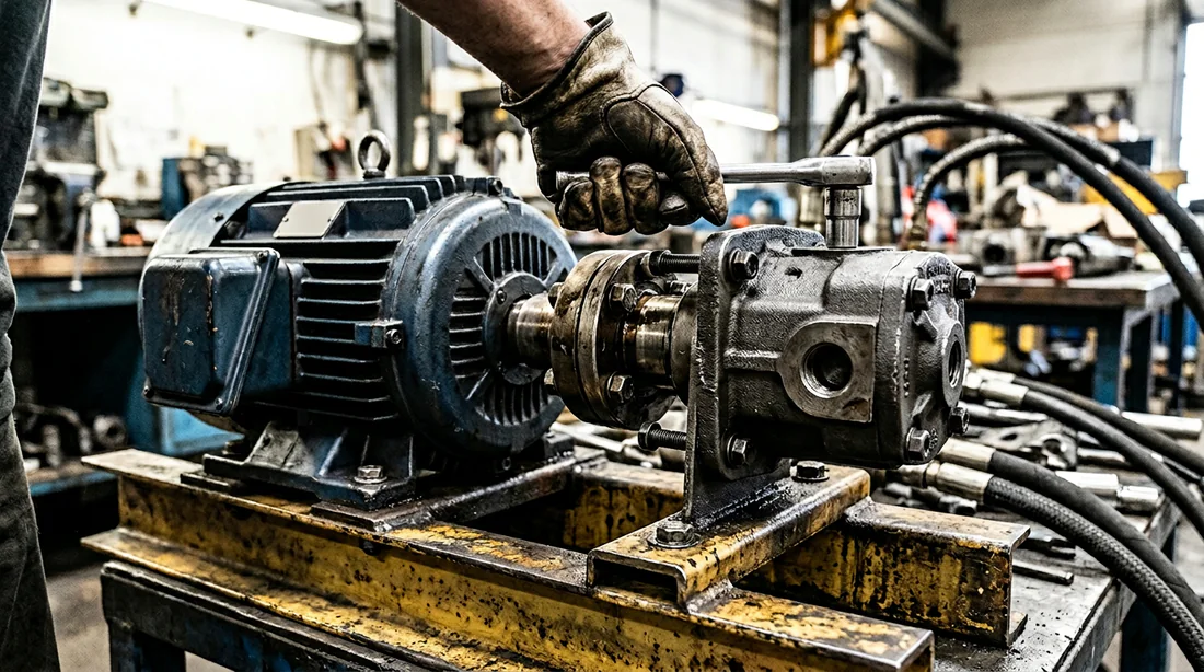 Installation de la pompe hydraulique sur le moteur de la fendeuse