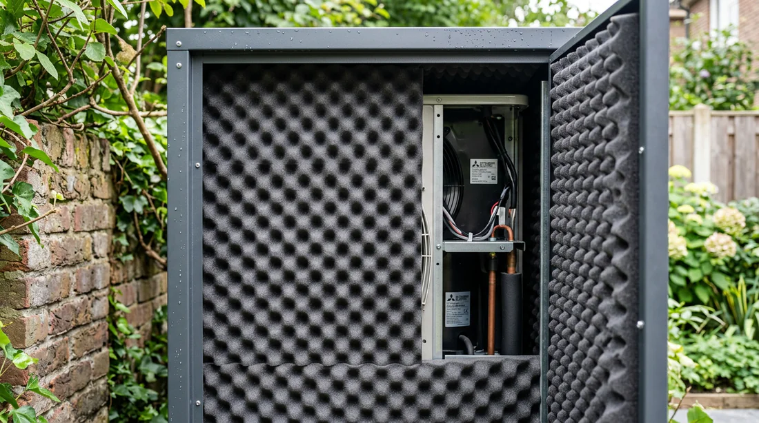 Panneau d'isolation acoustique à l'intérieur d'un cache pompe à chaleur anti-bruit.