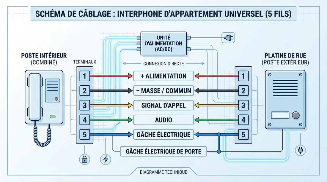 Schéma de câblage électrique pour un interphone universel 5 fils avec codes couleurs