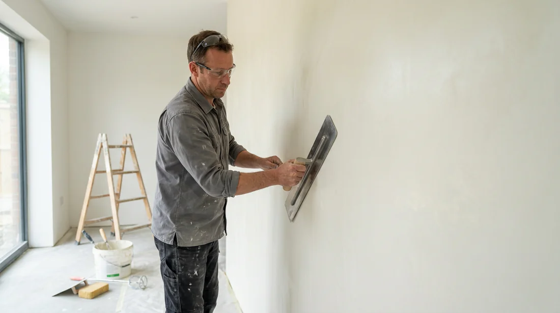 Artisan appliquant la lisseuse pour lisser l'enduit de finition sur un mur.
