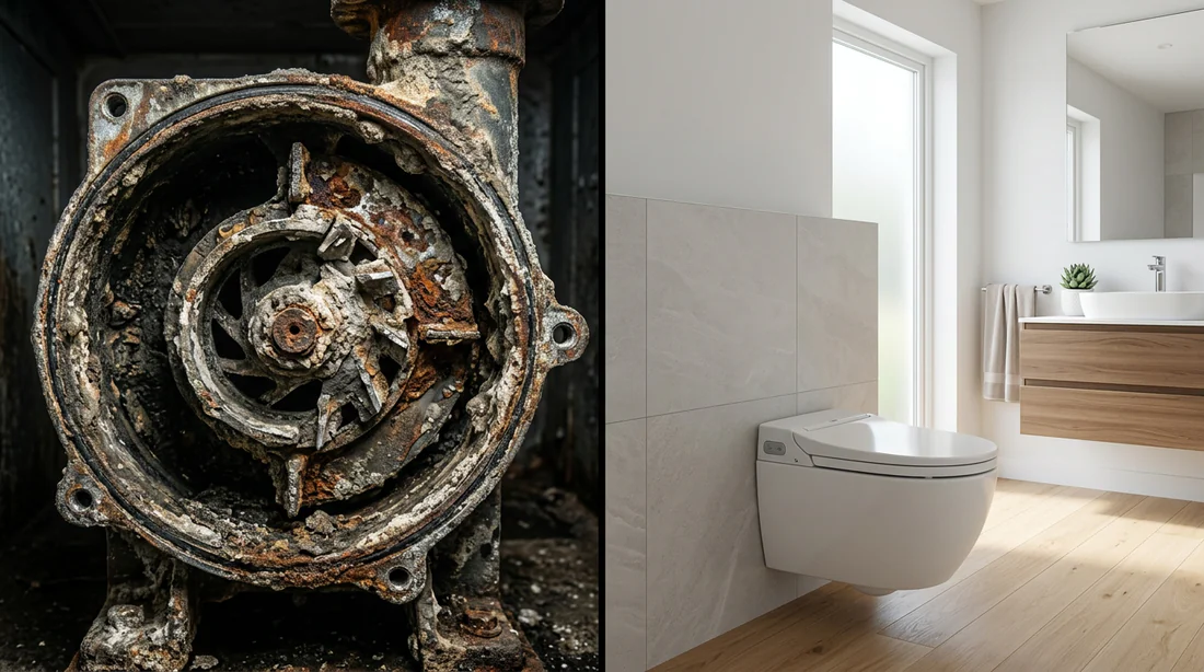 Installation discrète d'un WC sanibroyeur suspendu moderne dans une salle de bain contemporaine