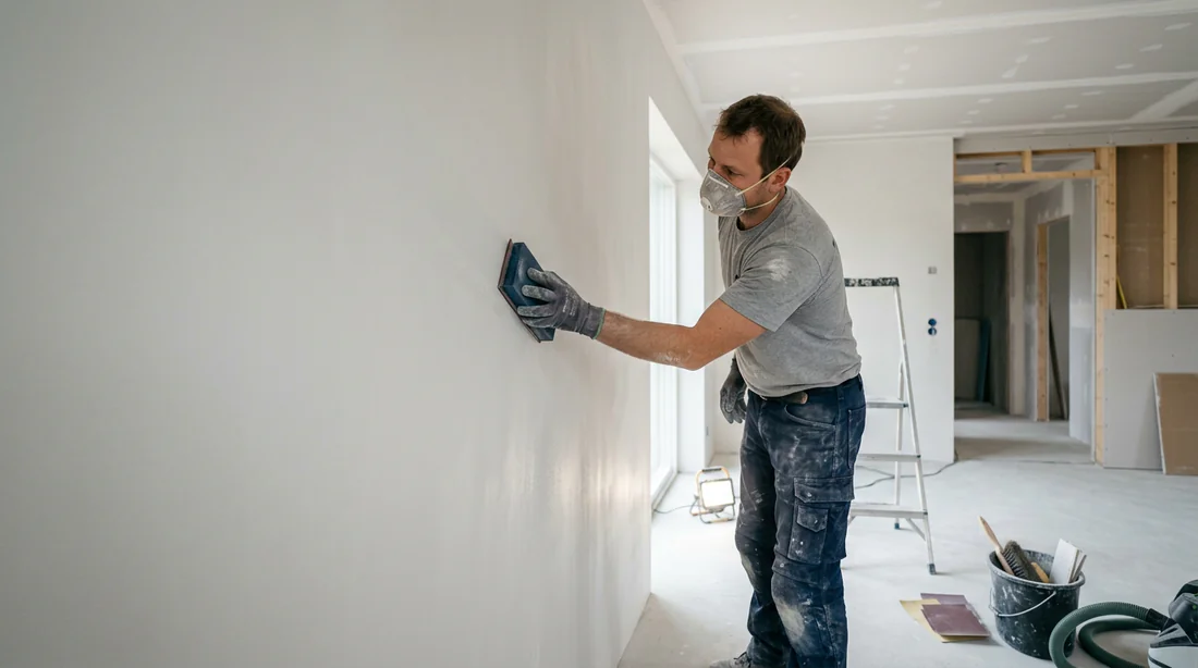 Ponçage de finition de l'enduit sur mur en placo.