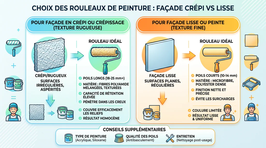 Infographie expliquant comment choisir son rouleau de peinture selon le type d'enduit.
