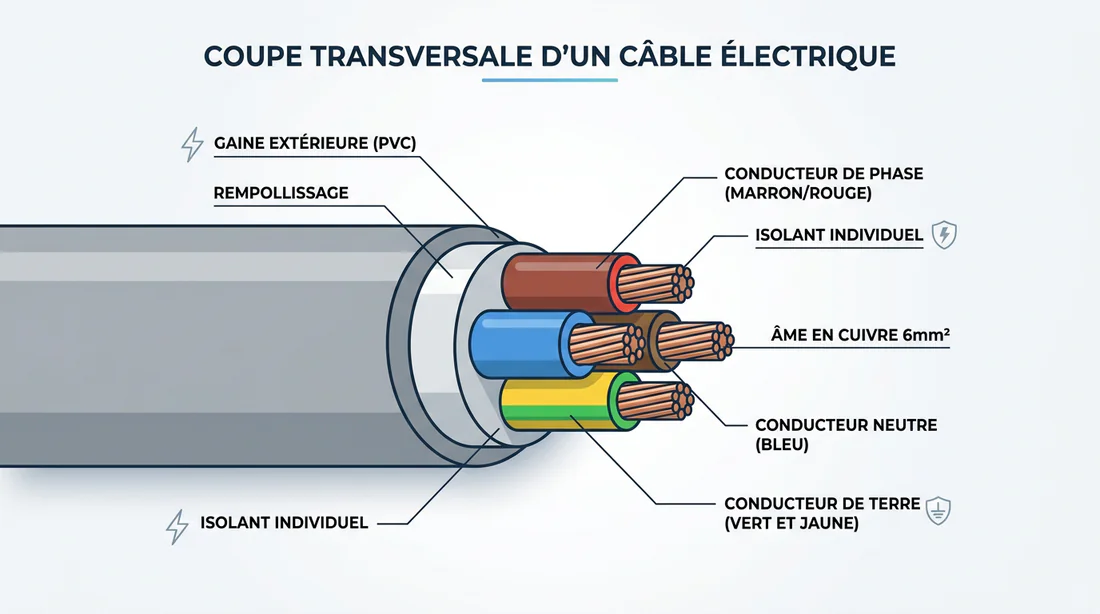 Schéma technique d'un câble électrique 6mm² avec code couleur
