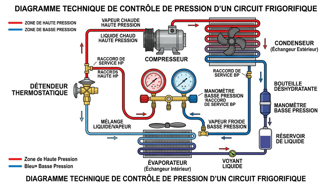 Schéma explicatif du contrôle des pressions sur un circuit frigorifique
