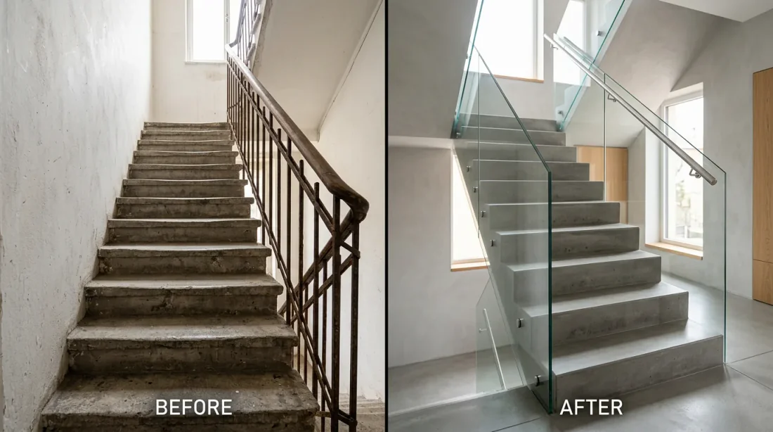 Gros plan sur une marche d'escalier béton avec flèche illustrant l'agrandissement du giron