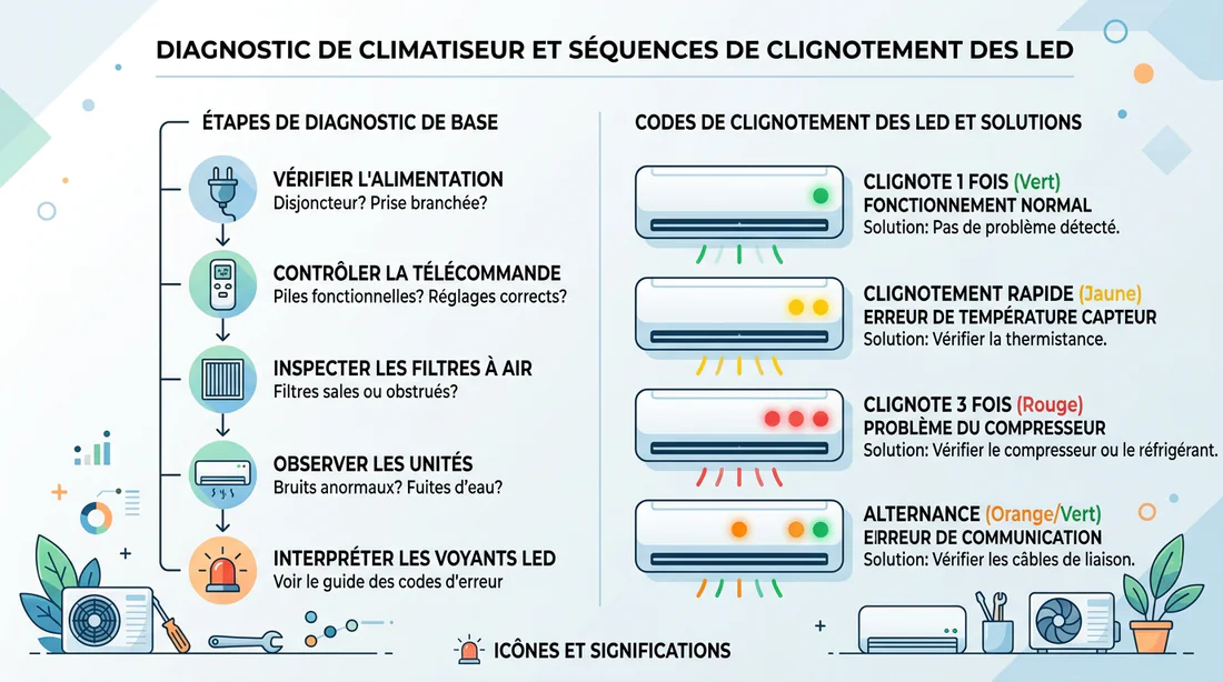 Infographie explicative pour diagnostiquer les voyants et codes d'erreur de climatisation