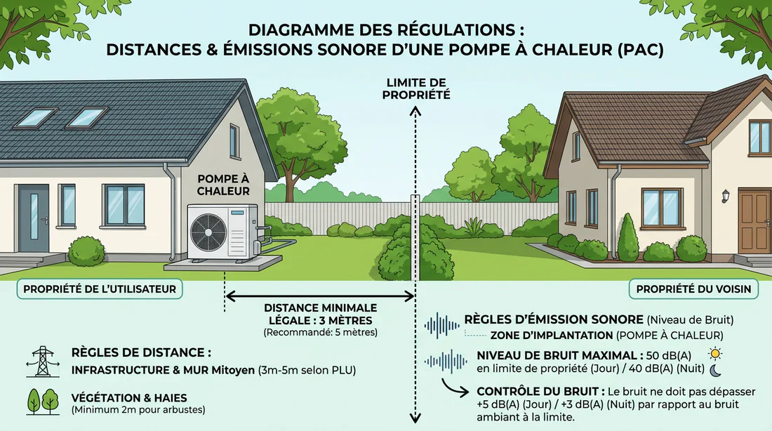 Schéma explicatif des distances légales et règles de voisinage pour climatisation