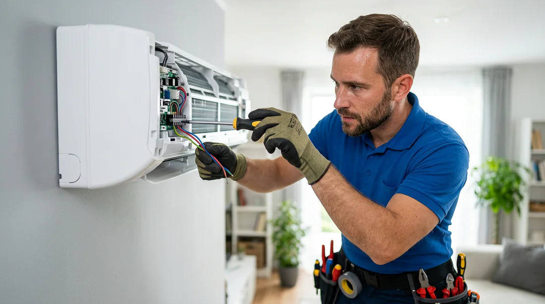 Technicien CVC installant un mur split de climatisation
