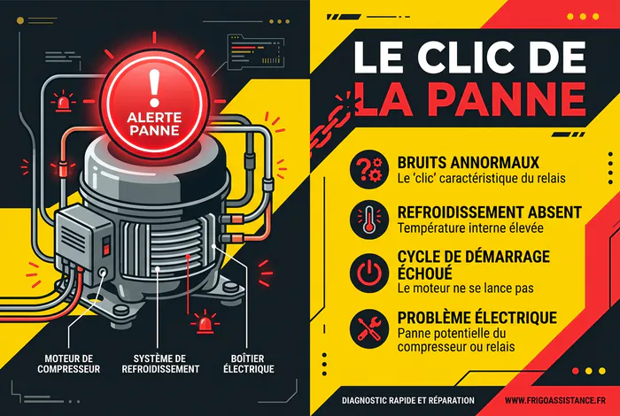 Infographie illustrant la panne d'un compresseur de frigo avec l'inscription LE CLIC DE LA PANNE