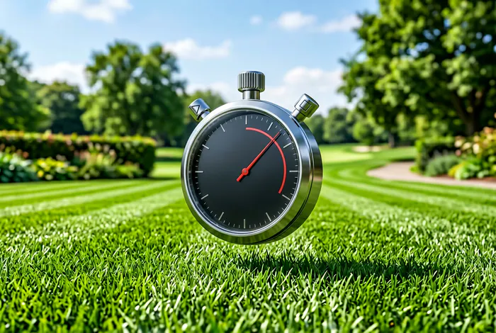 Icône 3D photoréaliste d'un chronomètre survolant une pelouse tondue.
