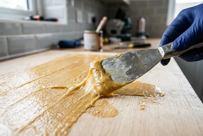 Application de colle néoprène avec une spatule sur une feuille de stratifié pour recouvrir un plan de travail en carrelage.