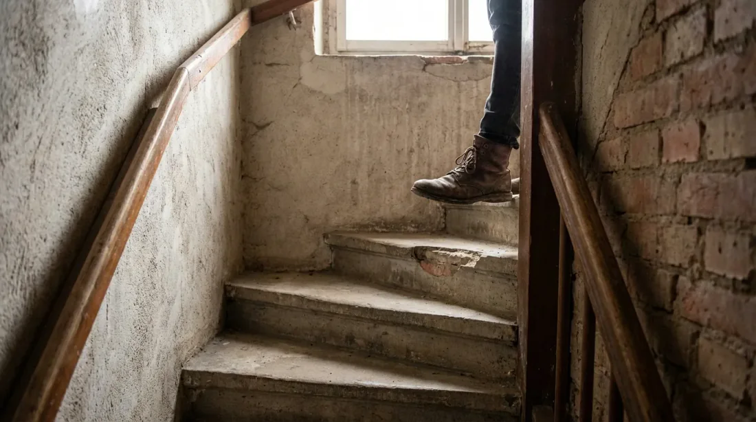 Gros plan sur une marche d'escalier béton avec flèche illustrant l'agrandissement du giron