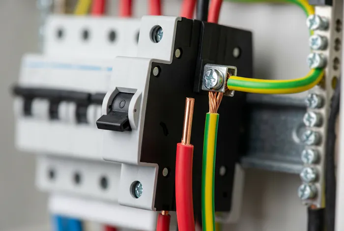 Gros plan sur un disjoncteur 20A connecté avec fil rouge et câble de terre
