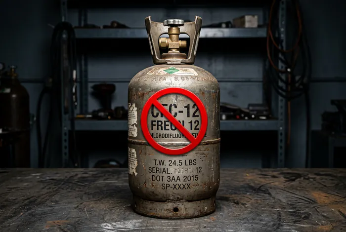 Bonbonne de gaz CFC-12 barrée par un symbole d'interdiction