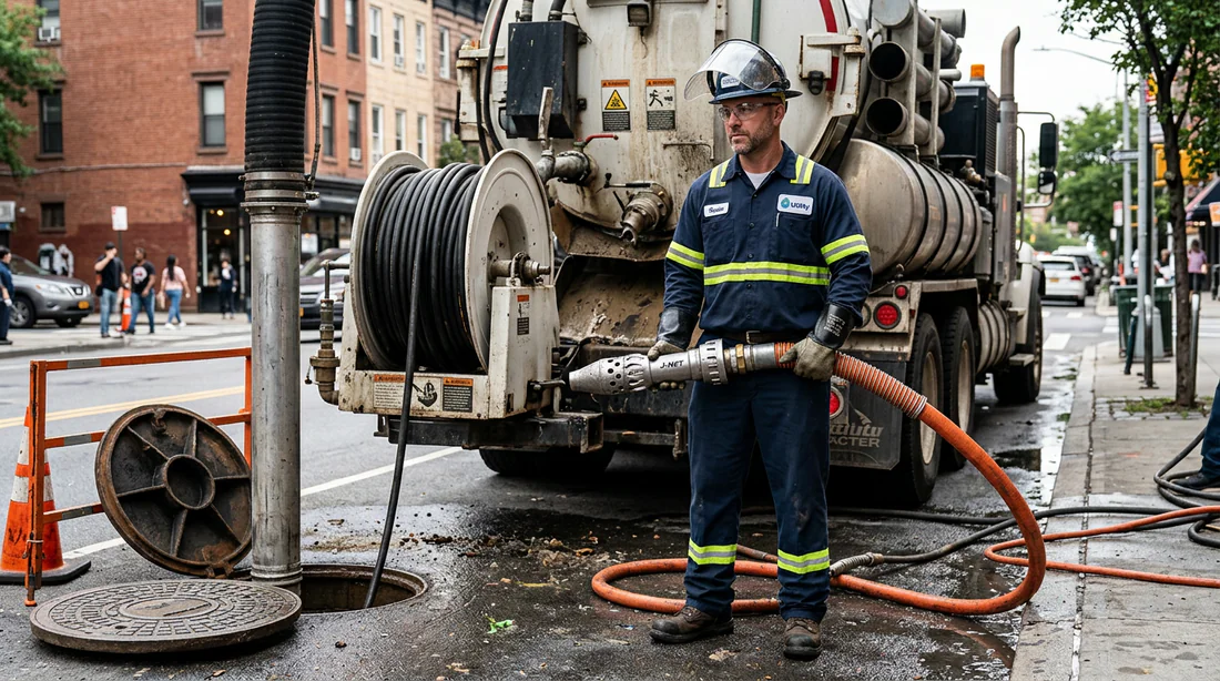 Technicien d'assainissement présentant une buse de curage Bec J-Net près d'un camion d'hydrocurage.