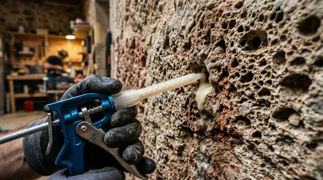 Gros plan mur meulière humide avec injecteur de résine en action et badge éditorial Avis & Retours
