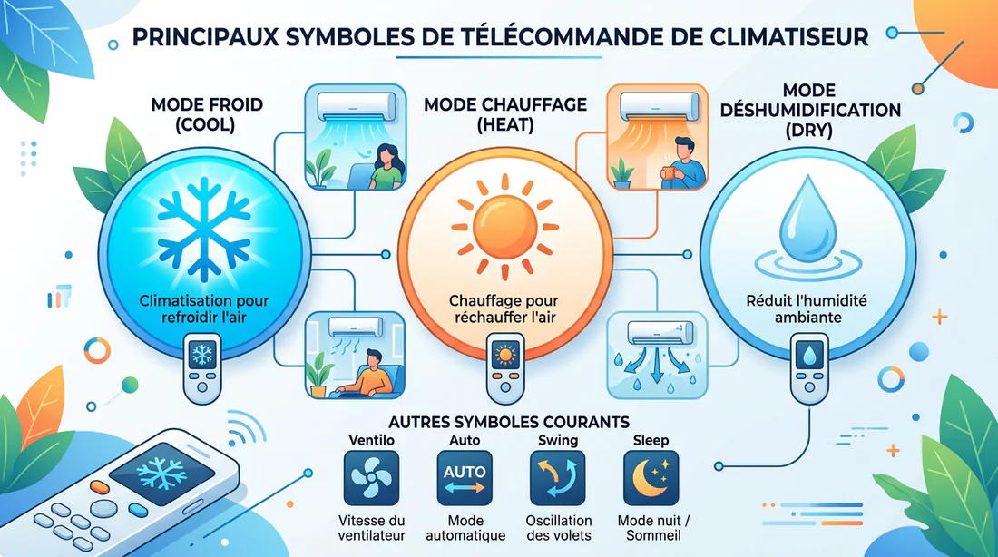 Infographie explicative des icônes et modes de la télécommande de climatisation