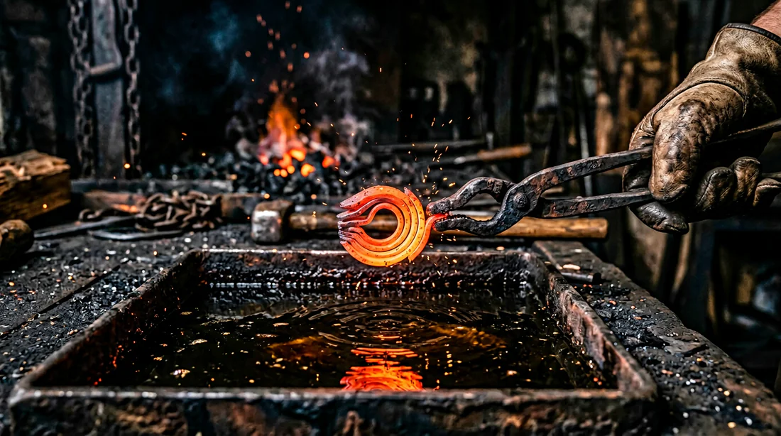 Trempe du ressort plat incandescent dans un bain d'huile avec flammes