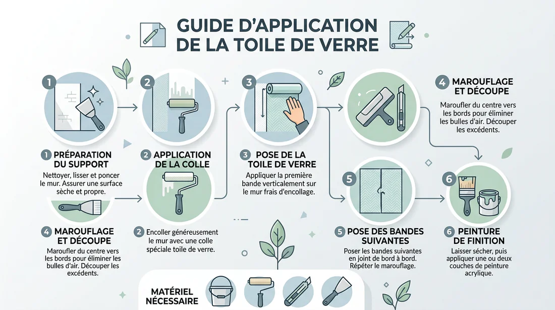 Infographie des étapes de pose de la toile de verre