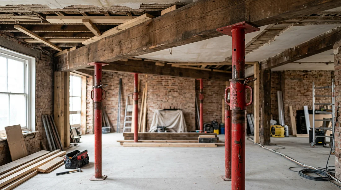 Pose des étais métalliques et des madriers pour soutenir la structure