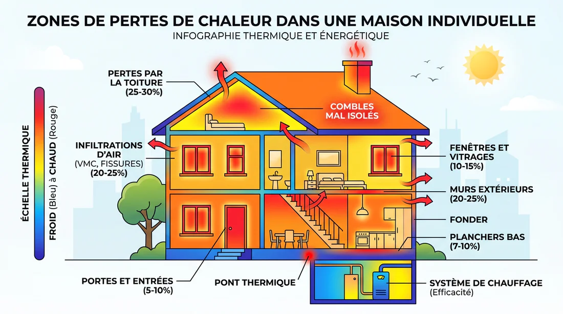 Infographie des zones de déperdition thermique dans une maison