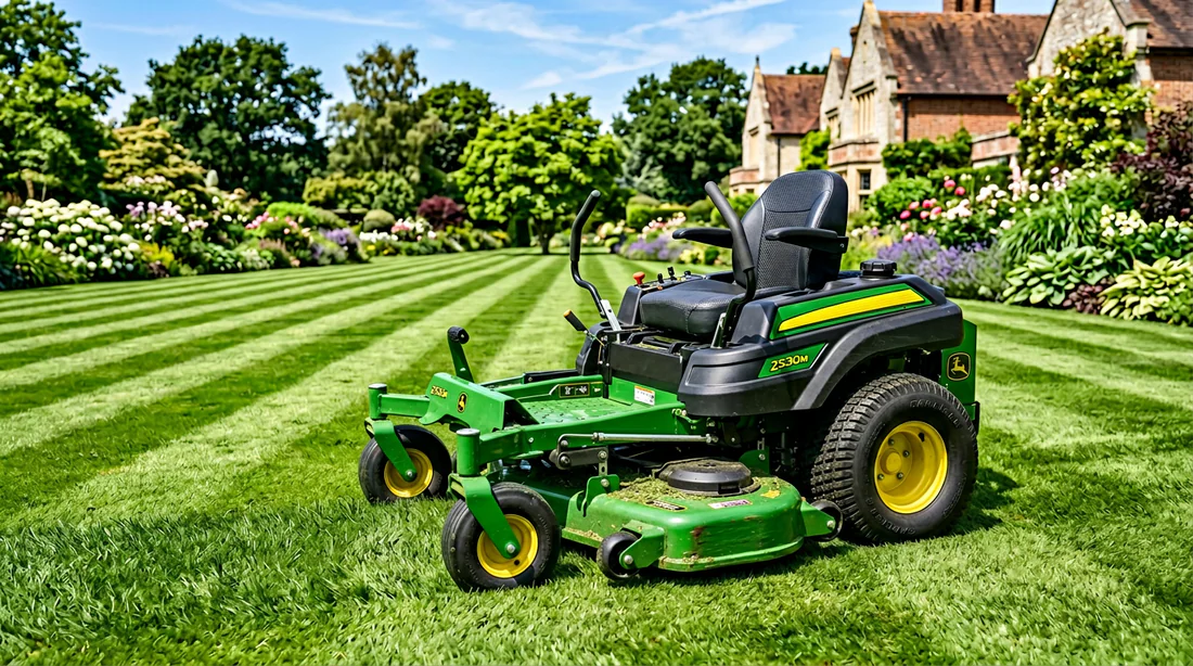 Infographie détaillant les temps de tonte pour 1000m2 selon le type de tondeuse.