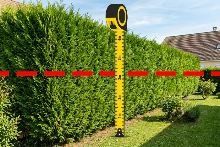 Haie verte avec ligne rouge pointillée indiquant le seuil légal de 2 mètres et mètre ruban géant stylisé