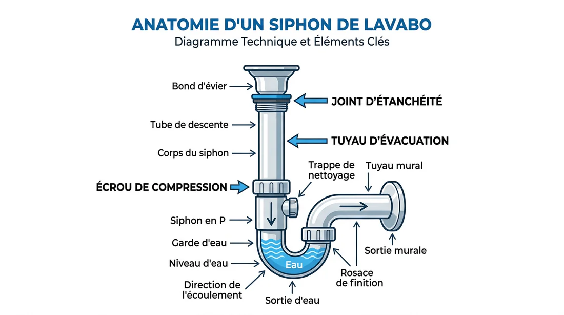 Schéma explicatif des composants d'un siphon de lavabo