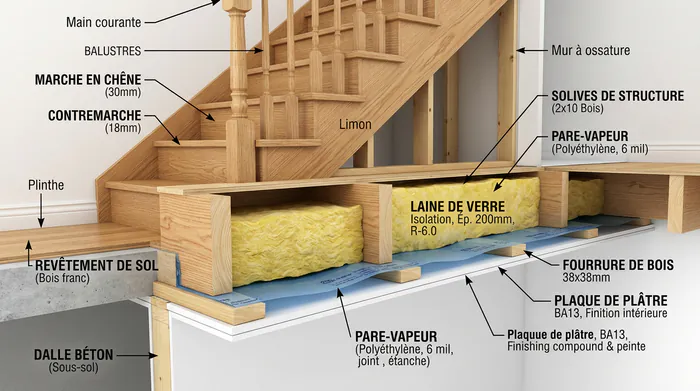 Comparatif schématique avant et après de l'isolation d'un escalier de sous-sol