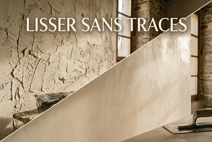 Avant et après lissage d'un enduit à la chaux sans traces.