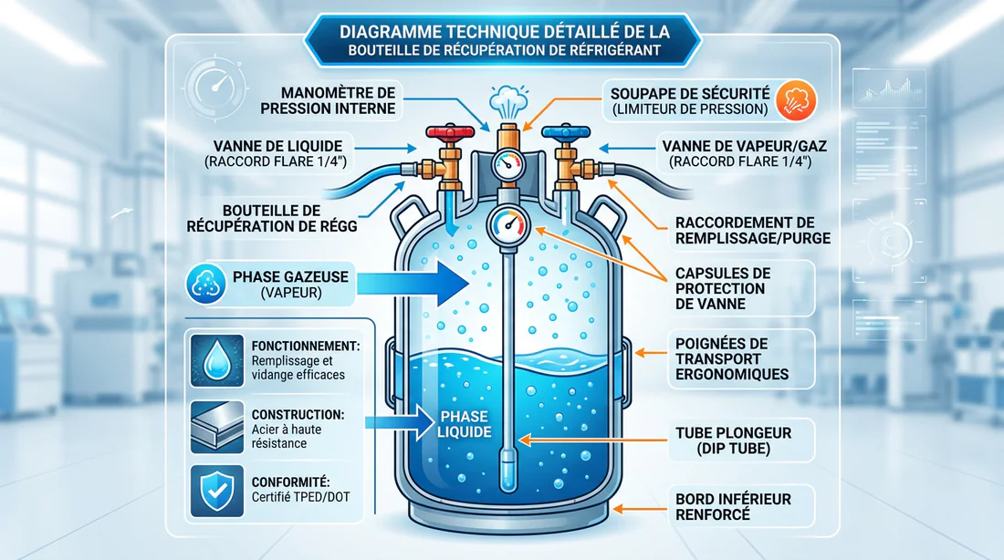 Schéma technique détaillé du fonctionnement d'une bouteille de récupération à double vanne.